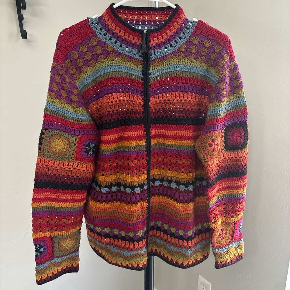 90s Vintage Rainbow Granny Square Crochet Zip Up sweater